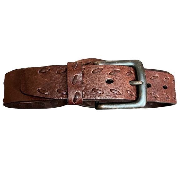 Levi's Brown Leather Whipstitched Belt Size 38 Bronze Buckle - Picture 1 of 12